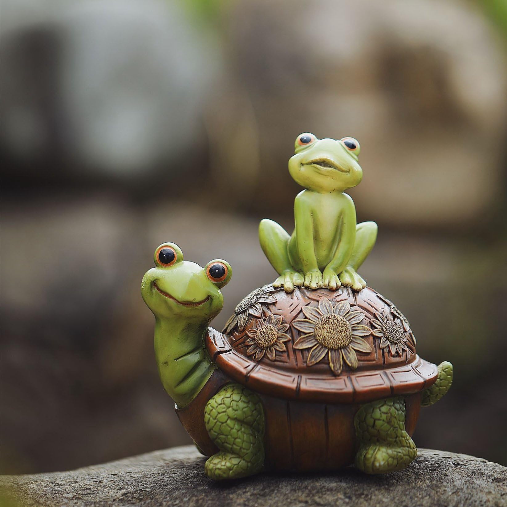 Amazon.co.jp: ガーデンオーナメント 亀 カメの上に座るカエル